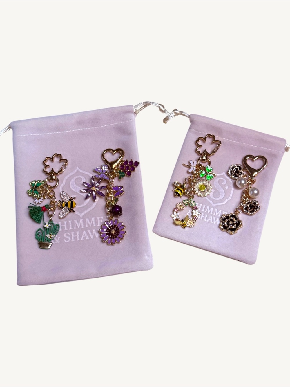 Enamel and Gold Charm Keychain Bag Charm Floral Bee Butterfly Purse Charm - Picture 12 of 16